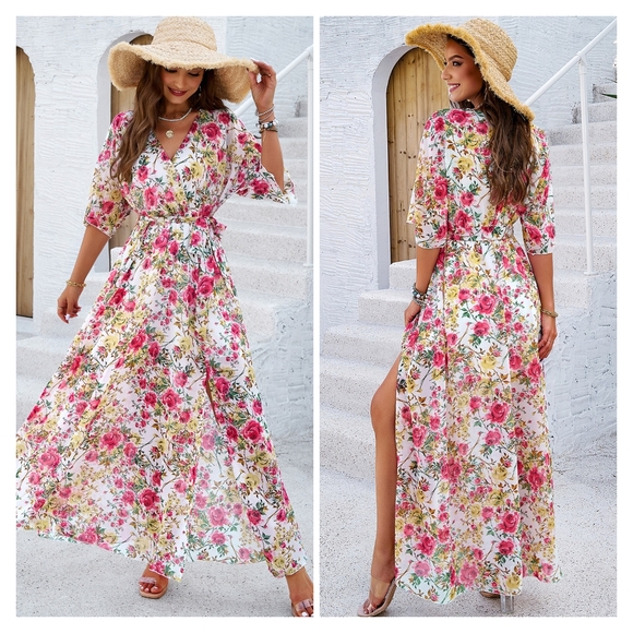 Pink Printed Half Slit Dress - Picture 10 of 11